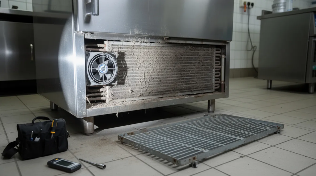 Dirty condenser under commercial fridge