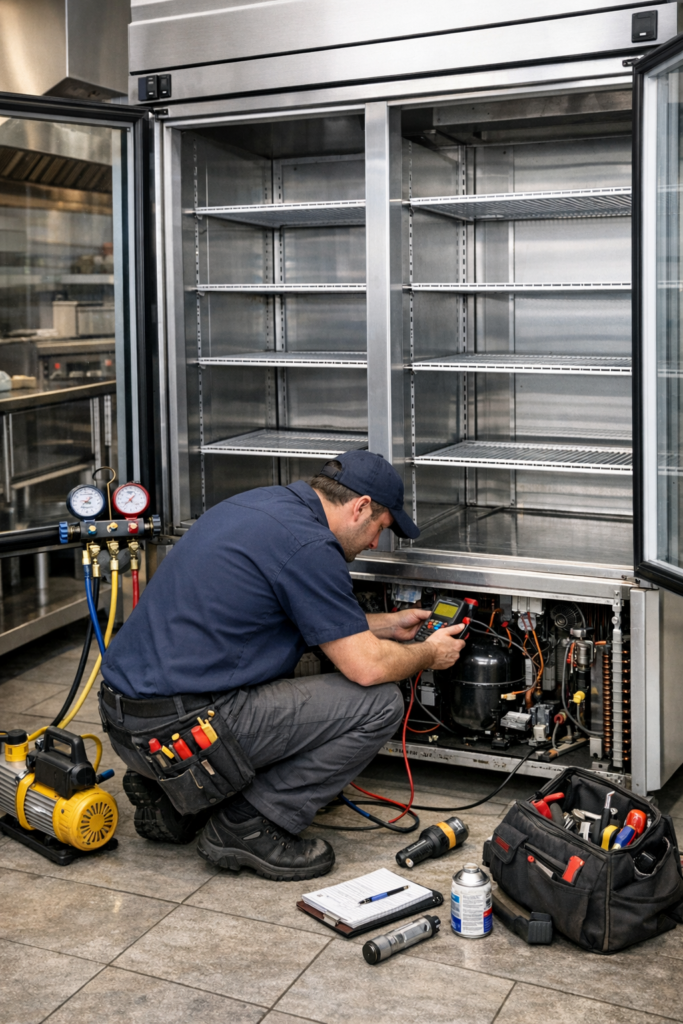 Technician repairing a commercial fridge.
