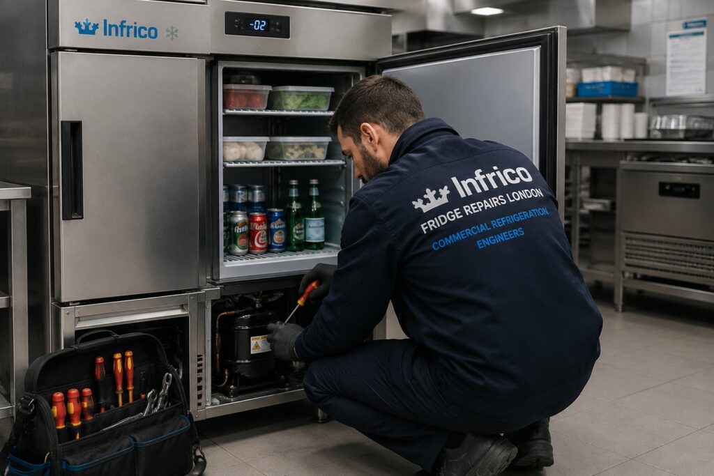 Infrico Fridge Repairs London commercial refrigeration engineer repairing Infrico fridge